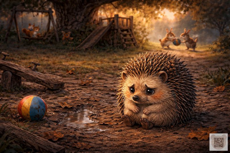 Educational therapeutic story about friendship: an illustration where sad little hedgehog Kolya sits alone on an empty playground with a pine cone stuck on his back after a conflict.