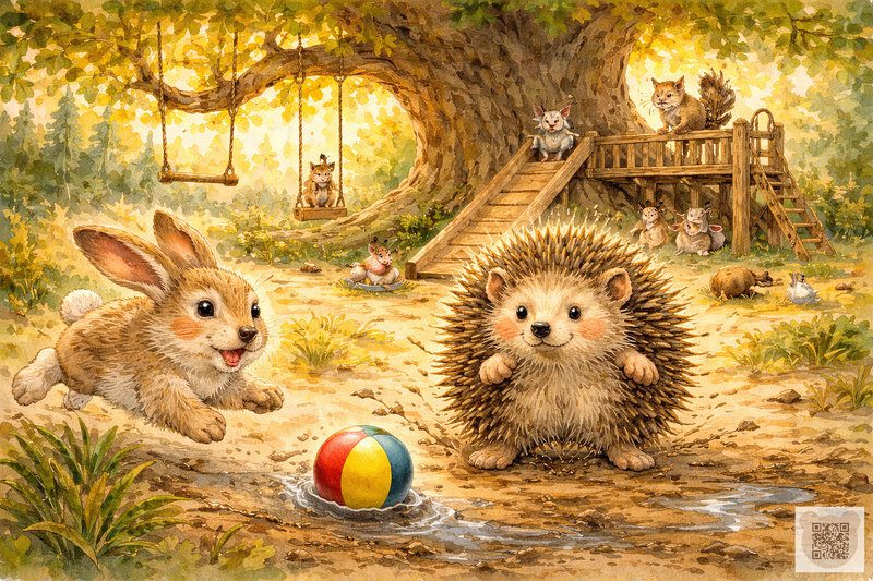 Educational therapeutic story about friendship: a bright illustration where happy little hedgehog Kolya plays ball with a little bunny and other little animals on a sunny forest playground.