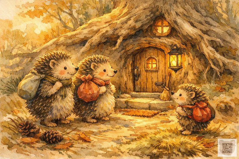 Educational therapeutic story about friendship: a watercolor illustration showing Kolya the hedgehog’s family settling into a new cosy home under the roots of an old tree in a golden autumn forest.