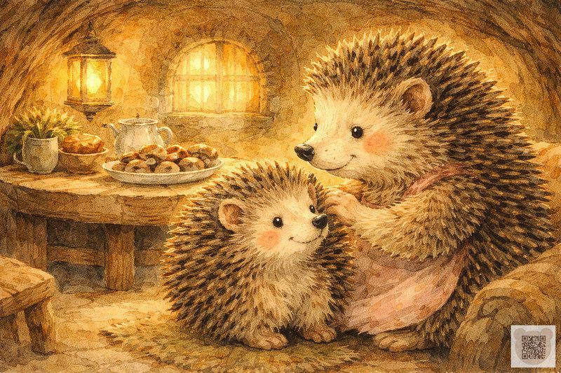 Educational therapeutic story about friendship: a watercolor illustration where mother hedgehog gently fixes little Kolya’s quills in their cosy forest home.