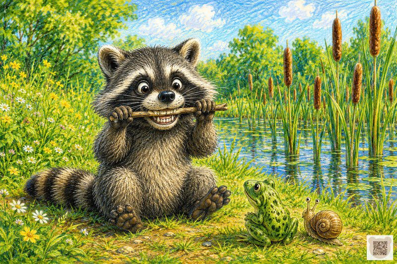 Cosy bedtime stories: Chomper Raccoon discovers his funny little tooth-rattle. Illustration for a preschool bedtime story: a fluffy raccoon sits beside a pond happily scraping a stick across his big shiny teeth while a tiny frog and snail stare in amazement.