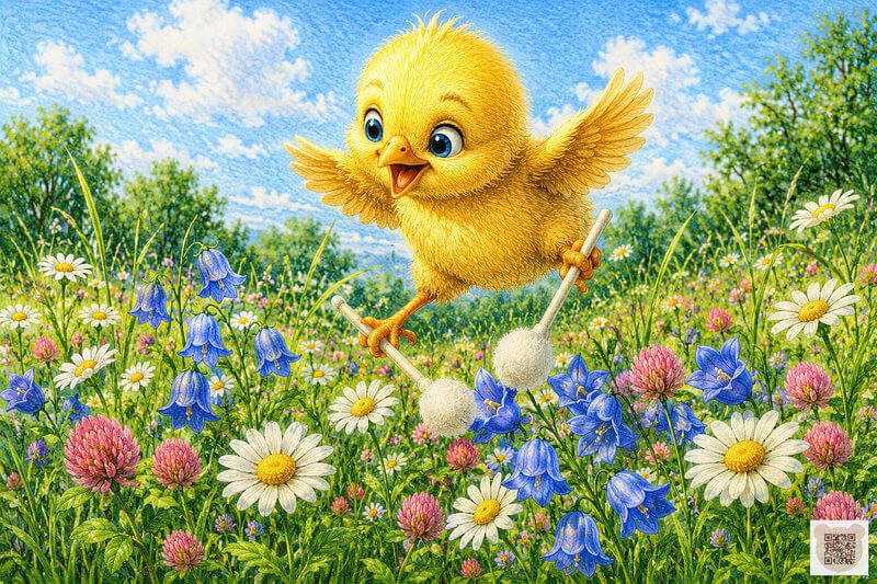 Bedtime stories for preschoolers: how Chirpy Chick discovered his very first flower drums. A fluffy golden baby chick hops through a sunny meadow, happily drumming on flowers with tiny cotton-swab drumsticks.