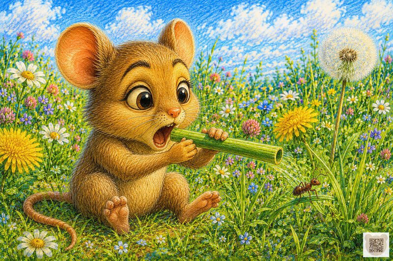 Bedtime stories for preschoolers online: Pippsy Mouse discovers her magical little dandelion whistle. Illustration for a cosy preschool bedtime story: a tiny fluffy mouse with wide curious eyes sits in a flower meadow holding a hollow dandelion stem while a tiny ant peeks nearby from the grass.