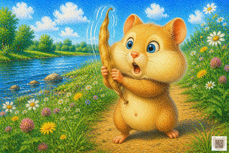 Nap time stories for preschoolers: Puffy Hamster discovers his rattly little pea-pod instrument. Illustration for a cosy bedtime story: a chubby fluffy hamster with giant stuffed cheeks and bright blue eyes stands beside the river shaking a dry pea pod in surprise.