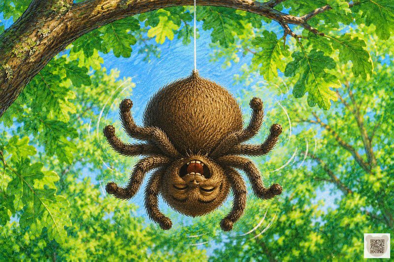 A fluffy, round brown Webby Spider hanging upside down from an oak tree branch on a thin white silk thread, laughing with joy.