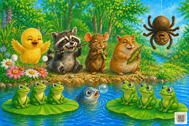 Bedtime stories for preschoolers online: the sleepy forest orchestra rehearses beside the river. Fluffy forest animals play their funny little musical instruments beside the river while sleepy frogs sit on lily pads listening politely.