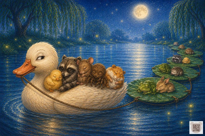 Cosy bedtime stories: a sleepy floating little train carries tired young musicians home. A large white duck named Quack-Quack swims along a night river under the full moon, carrying sleeping forest animals on her back while little frogs and a bunny sleep behind her on lily pads.