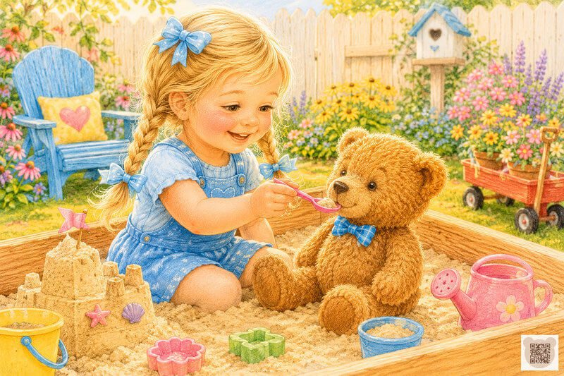 Picture for a bedtime story for 3 year old girl: Annie feeding her teddy bear pretend sandbox soup with a toy spoon
