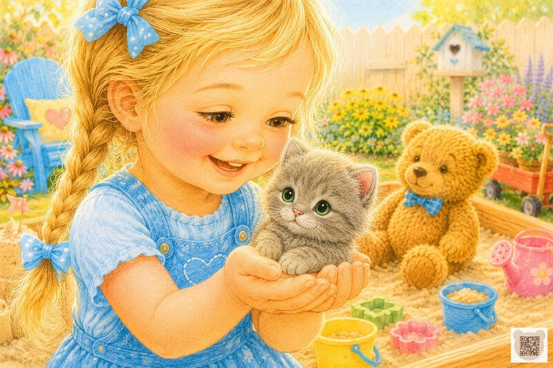 Picture for a bedtime story for 3 year old girl: Annie gently holding a fluffy little kitten in her hands in the backyard sandbox