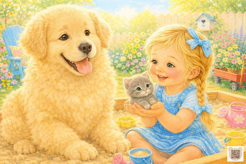 Picture from bedtime stories for my 3 year old daughter: a big fluffy friendly dog comes to help Annie and the tiny kitten