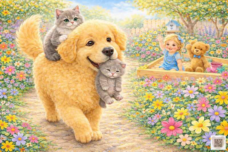 An illustration for children from a bedtime story for 3 year old girl showing a friendly fluffy dog carrying a kitten in its mouth and a cat on its back while a little girl waves goodbye from a sandbox