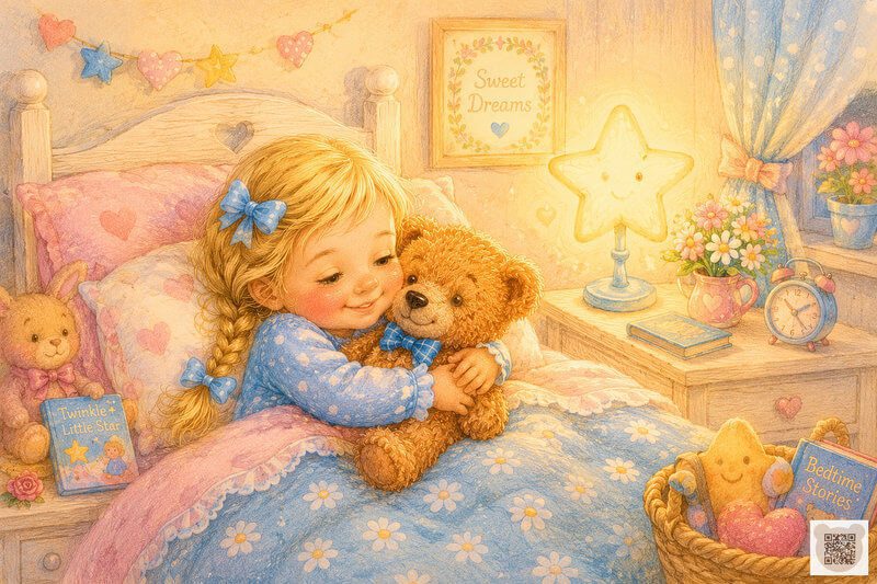 Picture for a bedtime story for three year old girl: Annie snuggles in her cozy bed while hugging her teddy bear Polly