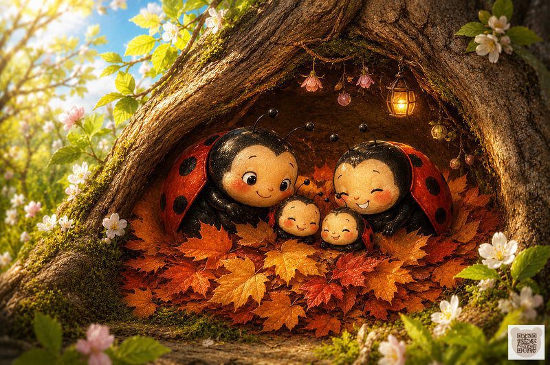 A sweet family of ladybugs wakes up after winter beneath tree roots, cozy children’s bedtime story illustration.