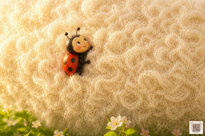 A little ladybug climbs through thick curly wool on a sleepy sheep’s tummy, cozy bedtime illustration for children.