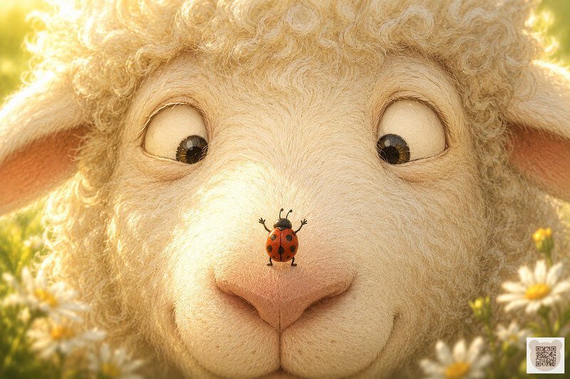 Cute fluffy sheep looking cross-eyed at a tiny ladybug on its nose, perfect illustration for calming bedtime stories that help kids fall asleep.