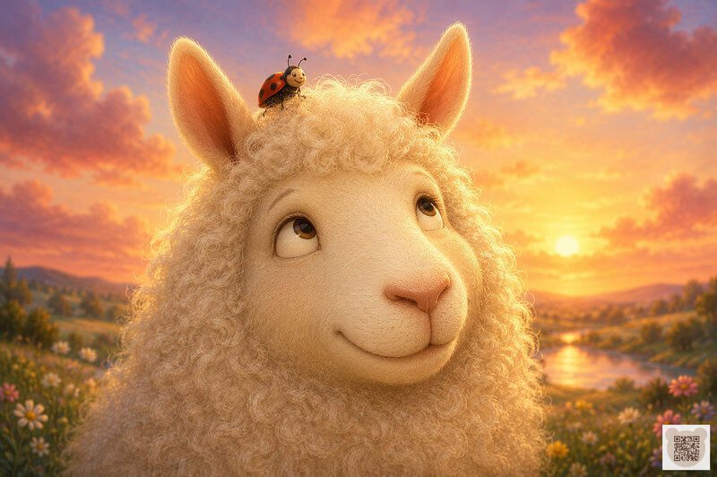 A tiny ladybug sits beside a fluffy sheep’s ear against a beautiful sunset sky, cozy children’s bedtime story illustration.