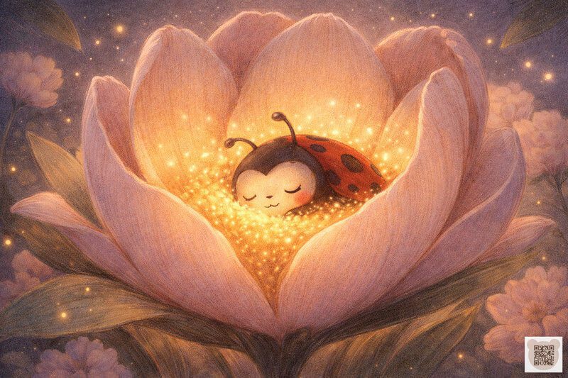 A tiny ladybug peacefully sleeps in glowing golden pollen inside a flower closing for the night, cozy bedtime story illustration for children.