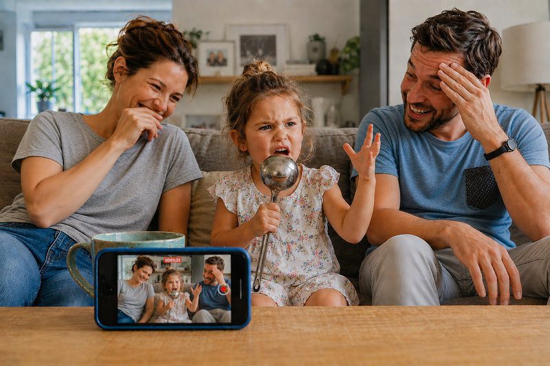 A lifestyle photo where an expressive little girl holding a kitchen soup ladle passionately answers questions about family, while a smartphone in the foreground records the video and her parents smile warmly on the sofa.