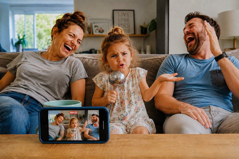 An illustration of a heartfelt family interview and funny family questions for kids. An image of an expressive little girl holding a ladle while eagerly asking family questions as a smartphone records the video and her parents laugh together on the couch.