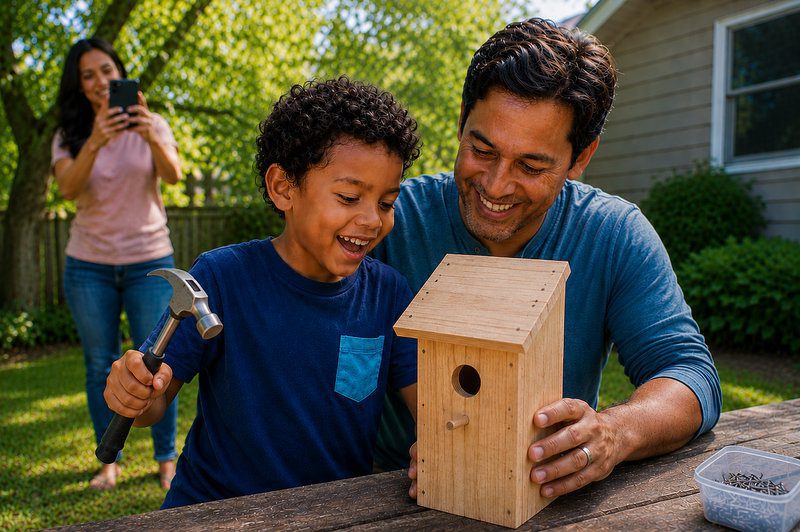 An illustration of outdoor family time and funny questions about Dad. An image of a dad and his young son happily building a wooden birdhouse in the yard, illustrating heartfelt questions about Dad while Mom takes photos on her phone.