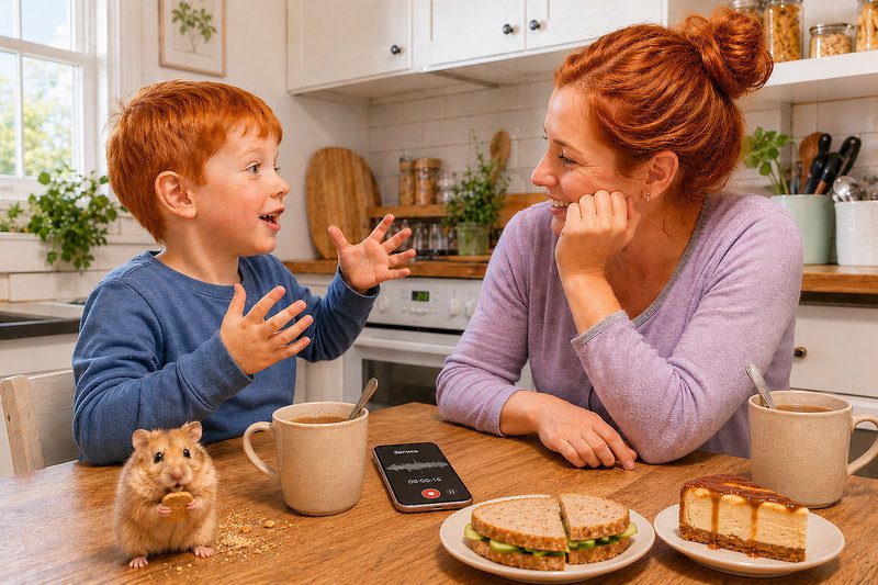 An illustration of a cozy kitchen conversation and creative family questions for kids. An image of a red-haired boy excitedly telling a story to his mom at the kitchen table during a phone interview recording, while a funny hamster munches on a cookie in the foreground, illustrating family questions for kids.
