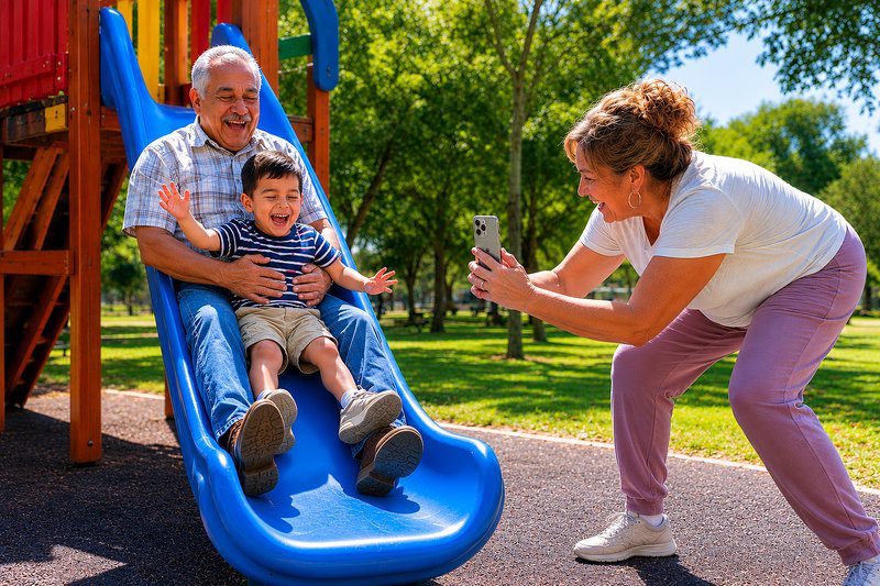 An illustration of active family fun with grandkids, highlighting warm questions about Grandma and Grandpa. An image of Grandpa and his grandson joyfully sliding down a blue playground slide while an active Grandma snaps photos on her smartphone, illustrating funny questions about Grandpa and Grandma.
