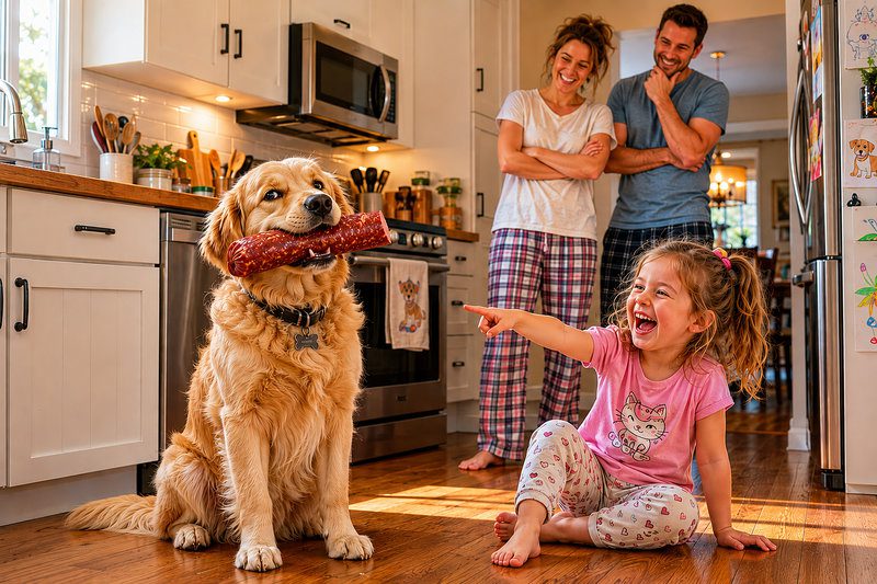An illustration of funny pet behavior and playful family questions about pets. An image of a golden retriever proudly carrying a whole sausage in its mouth across a spotless kitchen while a little girl and her parents react with laughter, illustrating the 'who's the boss at home' section.