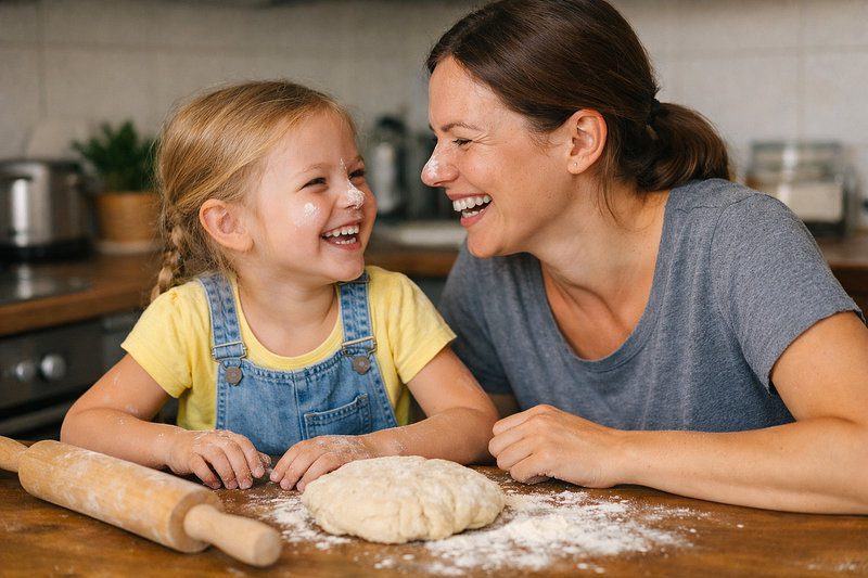 An illustration of family rituals and funny questions for kids about Mom in the kitchen. An image of a smiling mom and her little daughter with flour on their noses while baking together, illustrating funny questions for kids about Mom.