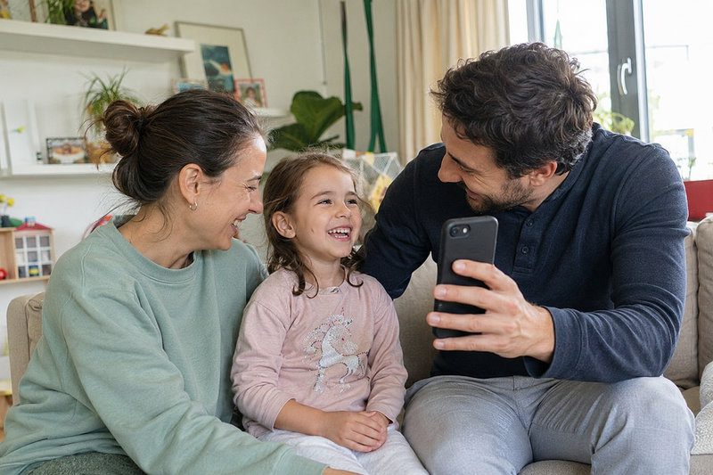 An illustration of cozy family conversation and lively family questions for kids. An image of everyday parents sitting on the couch recording a heartfelt family interview on a smartphone, showing how simple family questions help children open up naturally.