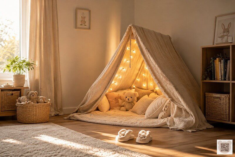 A cozy nursery reading nook with a blanket fort, fairy lights, and teddy bears for reading short bedtime stories.