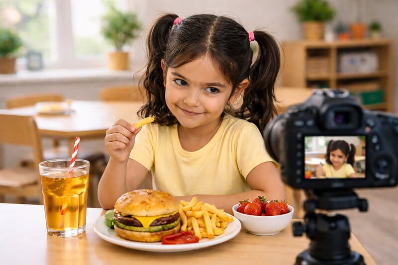 A little girl with a mischievous smile holds a spoon over her bowl of soup while answering funny preschool food questions in front of a video camera.