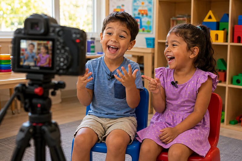 A boy and girl laugh together while a camera records their video, answering fun preschool questions and sharing the little secrets of their classroom.