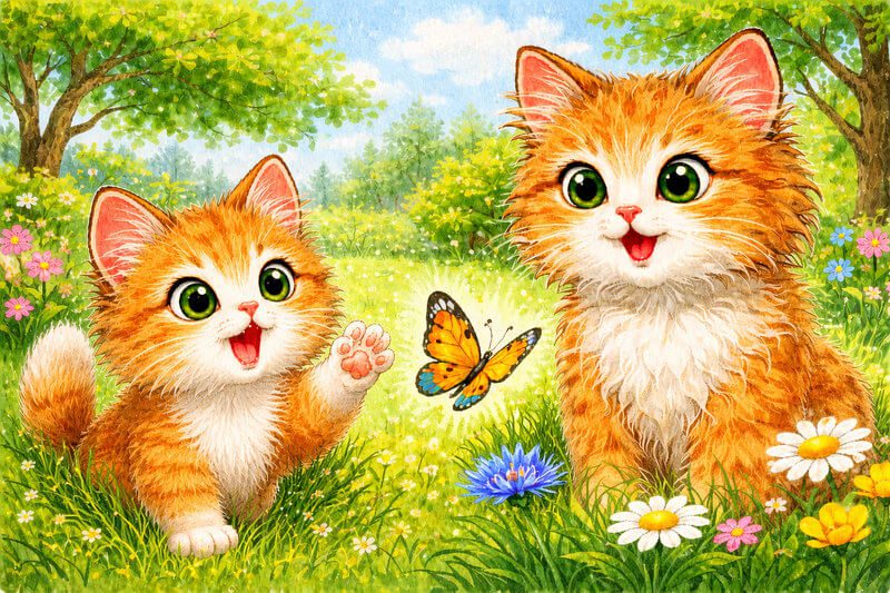 Cute colored pencil illustration of a fluffy ginger kitten waving its paw at a butterfly next to its mother cat. Short stories for kg.