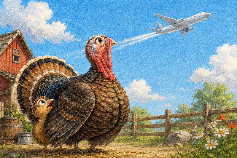 Cute colored pencil illustration of a little turkey chick and an adult turkey looking up at an airplane in the sky. Short stories for kg. 