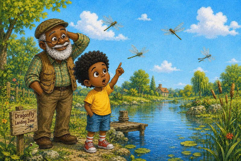 Cute colored pencil illustration of an African American boy and his grandfather looking at dragonflies by a pond. Short stories for kg. 