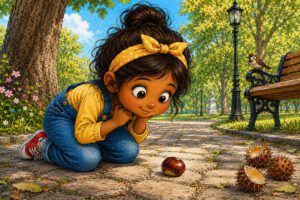 Cute colored pencil illustration of a South Asian girl looking at a shiny chestnut on a park pathway. Short stories for kg.