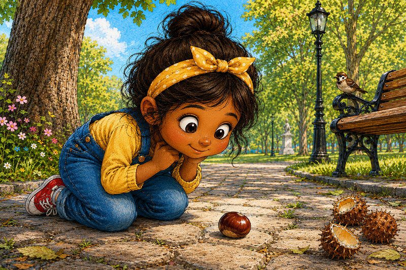 Cute colored pencil illustration of a South Asian girl looking at a shiny chestnut on a park pathway. Short stories for kg.