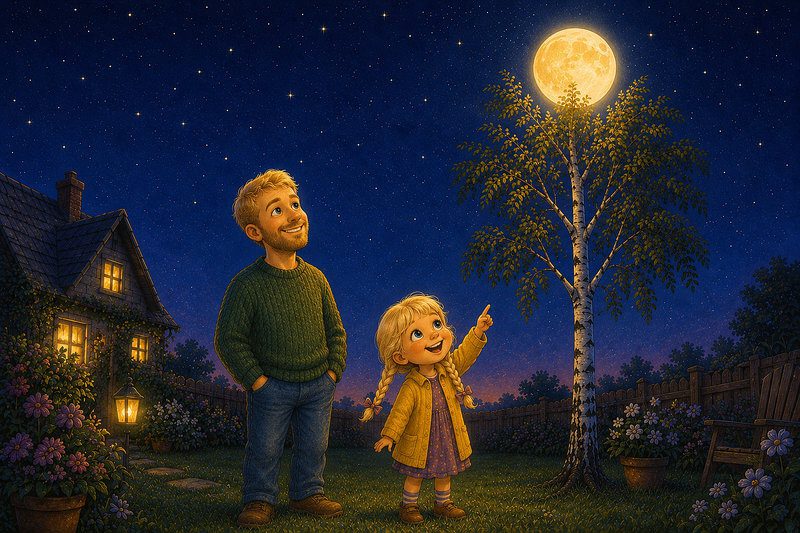 Cute colored pencil illustration of a blonde Scandinavian girl with braids and her dad looking at the moon over a birch tree. Short stories for kg. 