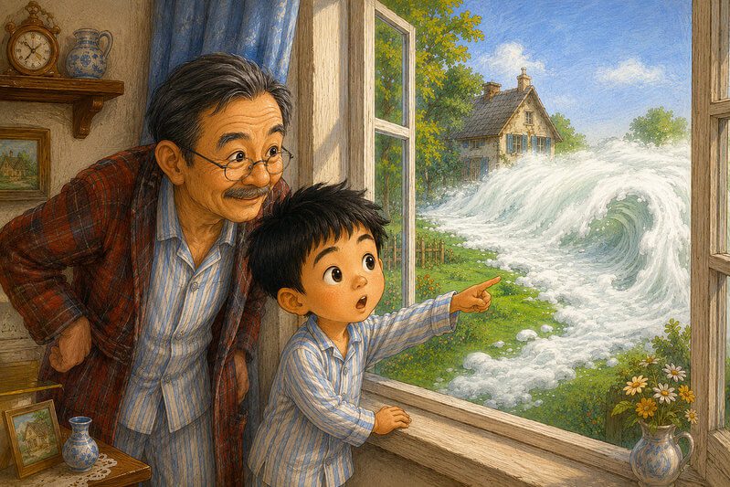 Cute colored pencil illustration of an East Asian boy in pajamas and his grandfather looking out the window at a thick white fog. Short stories for kg. 