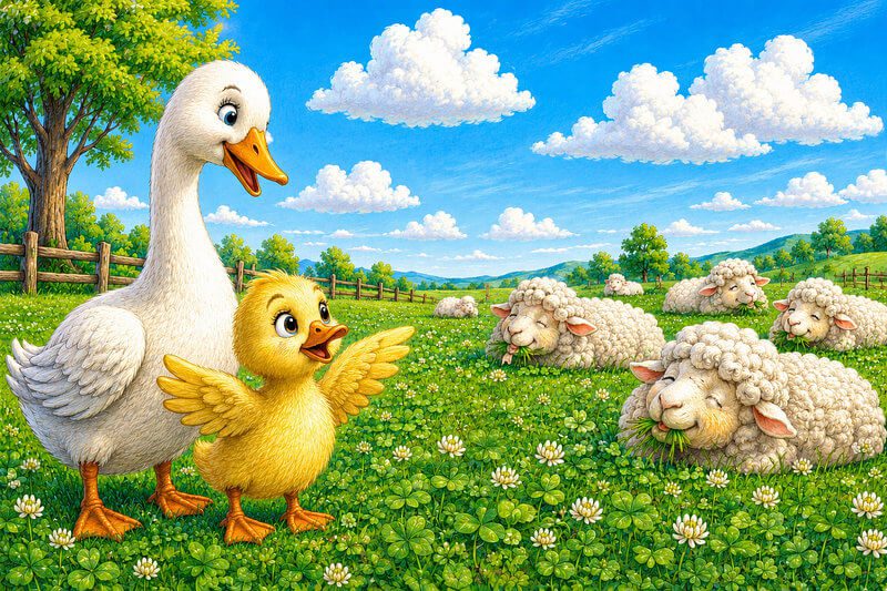 Illustration for the story Sleeping Clouds: a surprised little gosling and fluffy sheep in a sunny meadow. Short preschool stories for kids.