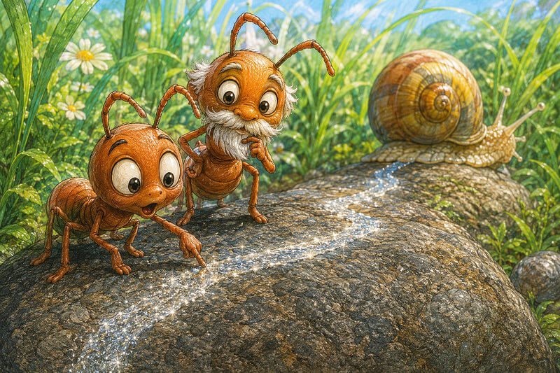 Illustration for the story The Silver Trail: a little ant and Grandpa Ant looking at a shiny snail trail on a stone. Short stories for preschoolers.