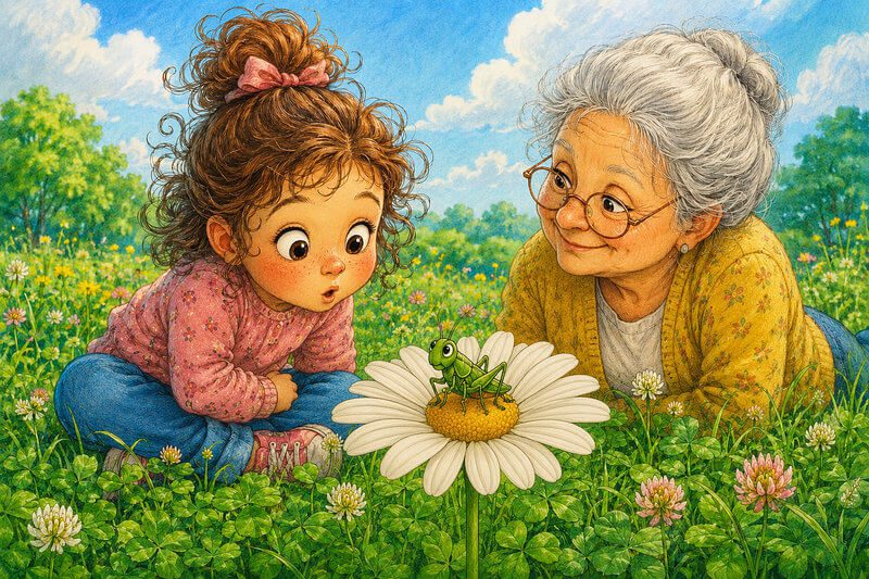 Illustration for the story The Never-Ending Alarm Clock: a little girl and her grandma listening to a grasshopper in a meadow. Short stories for preschool and kindergarten kids.