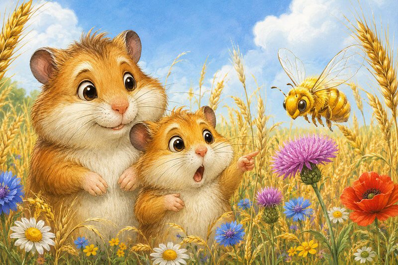 Illustration for the story Flying Grains: a little hamster and Papa Hamster in a wheat field watching a bee. Short stories for preschool and kindergarten kids.