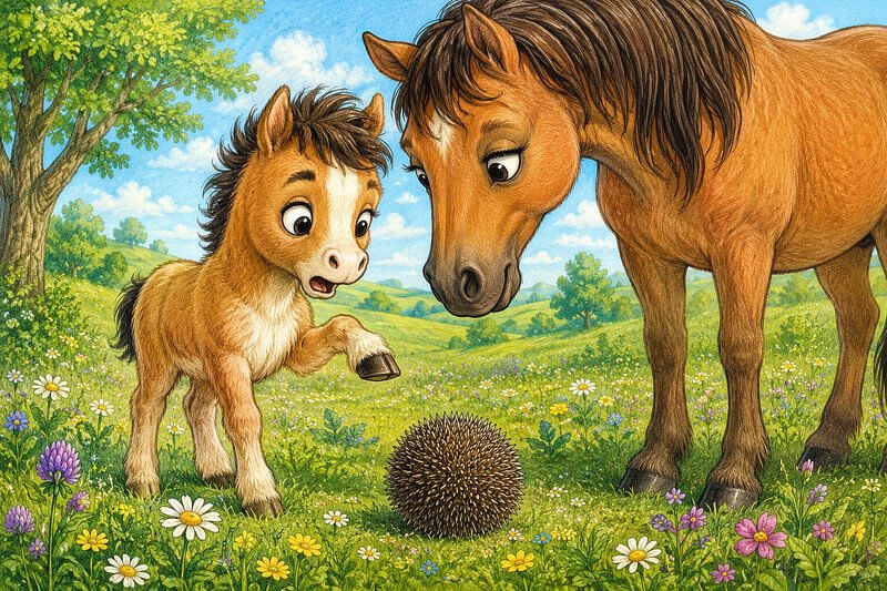 Illustration for the story The Spiky Ball: a young foal and Mama Horse looking at a curled-up hedgehog in a meadow. Short stories for preschool and kindergarten kids.