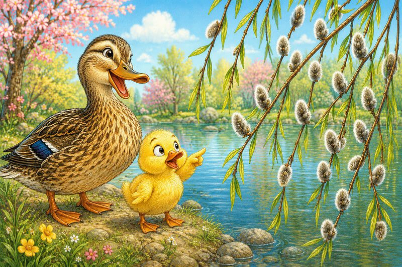 Illustration for the story Fluffy Chicks: a little duckling and Papa Duck by a pond looking at willow branches. Short stories for preschool and kindergarten kids.