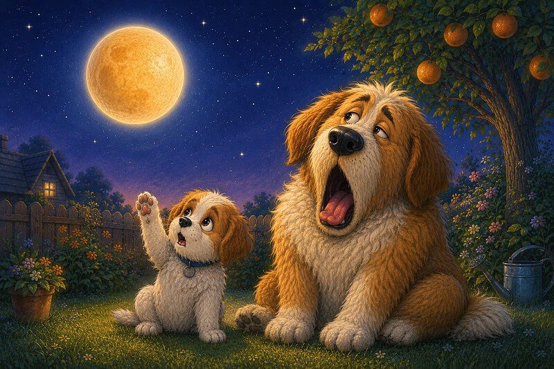 Illustration for the story The Orange in the Sky: a puppy and his sleepy dad looking at a big round moon. Short stories for preschool and kindergarten kids.