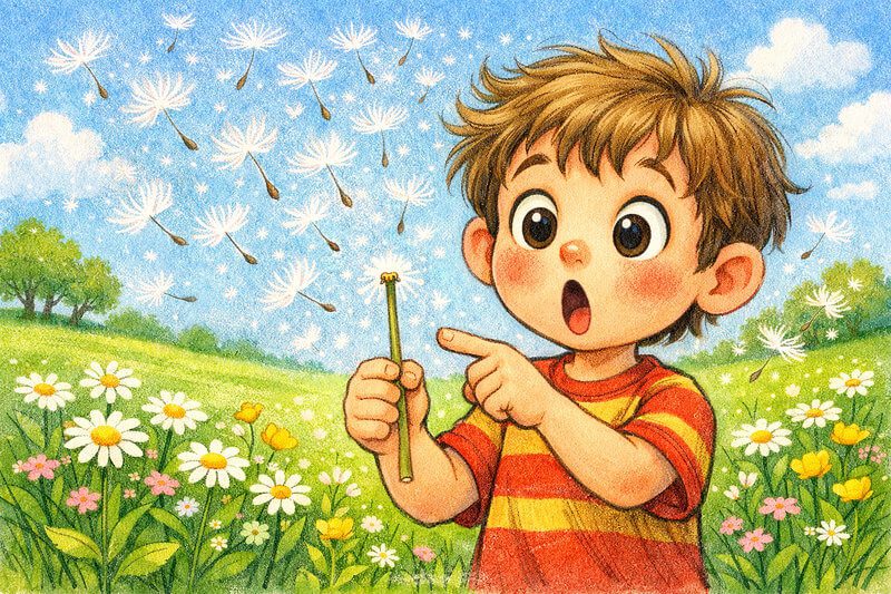 Illustration for the story The Bald Dandelion: a surprised boy holding an empty flower stem in a meadow. Short stories for preschoolers.