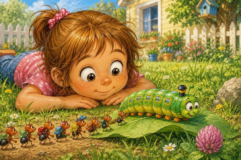 Illustration for the story A Train for Little Ants: a little girl sitting in the grass and watching a green caterpillar. Short stories for preschool and kindergarten kids.
