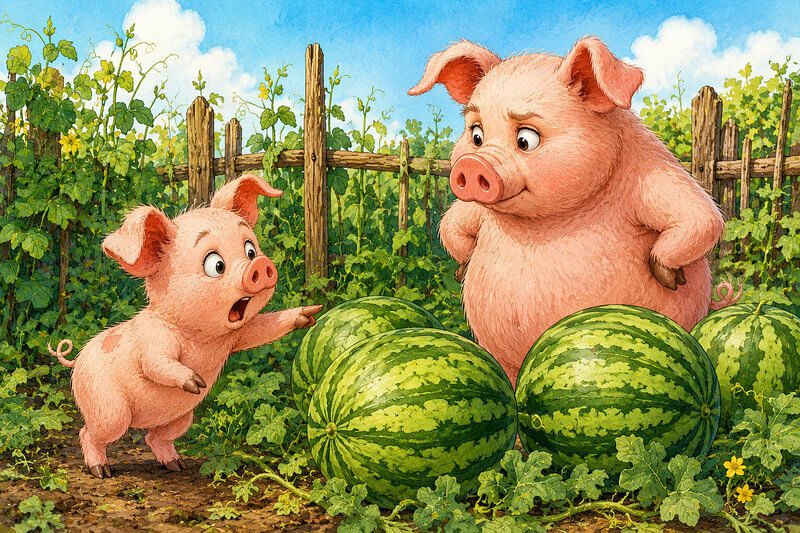 Illustration for the story Chubby Cucumbers: a little piglet and Mama Pig looking at watermelons. Short stories for preschool and kindergarten kids.
