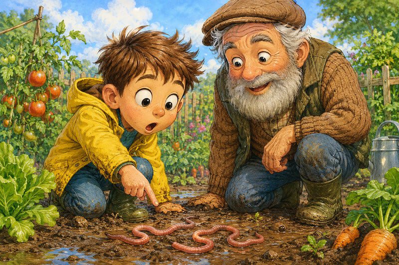 Illustration for the story Living Shoelaces: a boy and his grandpa looking at earthworms in a garden bed. Short stories for preschoolers.